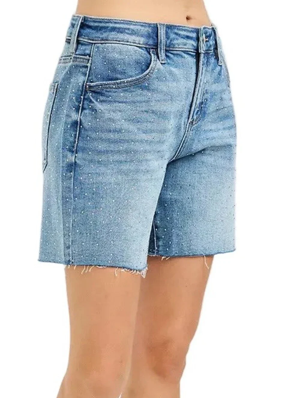 Risen Rhinestone Speckled Baggy Raw Hem Mid Length Weekend Sparkle Denim Shorts